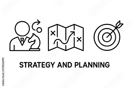 Strategy and planning line icon set. Business goal, mission, and vision concept. Chess tactics, roadmap direction, and target achievement icons. Vector outline symbols.
