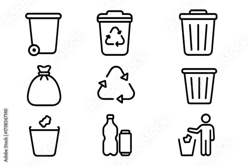 Trash and recycling line icon set. Waste management, garbage sorting, and disposal symbols. Vector collection of bin, can, bag, and recycle pictograms for eco concepts.
