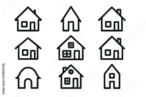 Set of house icons. Simple home outline symbols for real estate. Property and residential building pictogram collection. Linear mortgage and construction vector graphic element.