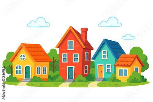 Colorful cartoon houses on a street. Vector illustration of a cheerful neighborhood. Real estate concept. Cute suburban village with homes, trees, and clouds. Set of houses.