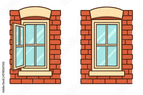 Open and closed window vector illustration. Cartoon house exterior with red brick wall. Architecture detail comparison set for residential building design element. Flat icon.