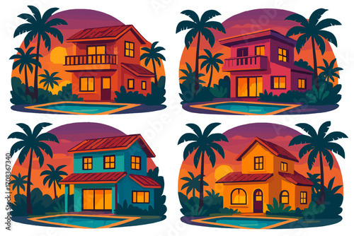 Vector cartoon set of tropical homes with pools at sunset. Luxury villa real estate illustration. Evening vacation resort with palm trees. Modern house design collection.