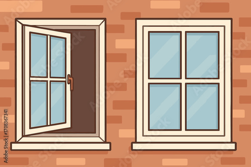 Open and closed window vector illustration. Comparison of two states on a brick wall. Cartoon house facade. Metaphor for opportunity, choice, opposite, before and after.