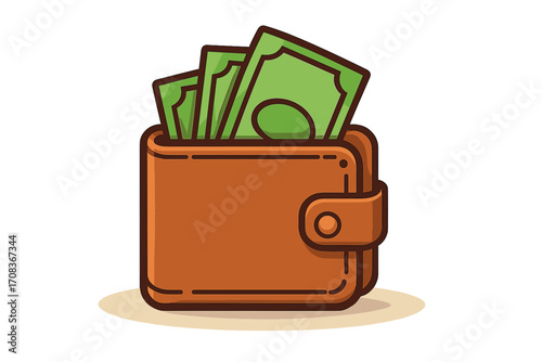 Wallet with cash vector illustration. Financial concept of saving money, budgeting, and wealth. Cartoon purse with banknotes, icon for payment, income, and economy.
