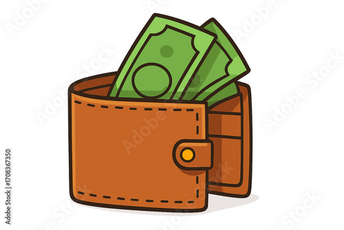 Wallet with cash money vector cartoon illustration. Financial concept of saving, budgeting, and wealth. Personal finance, income, payment, and economy symbol. Billfold purse.