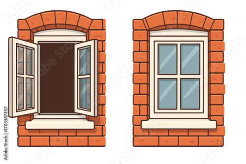 Open and closed window on brick wall vector illustration. Before and after comparison for house exterior. Classic architecture detail of a residential building facade. Cartoon set.