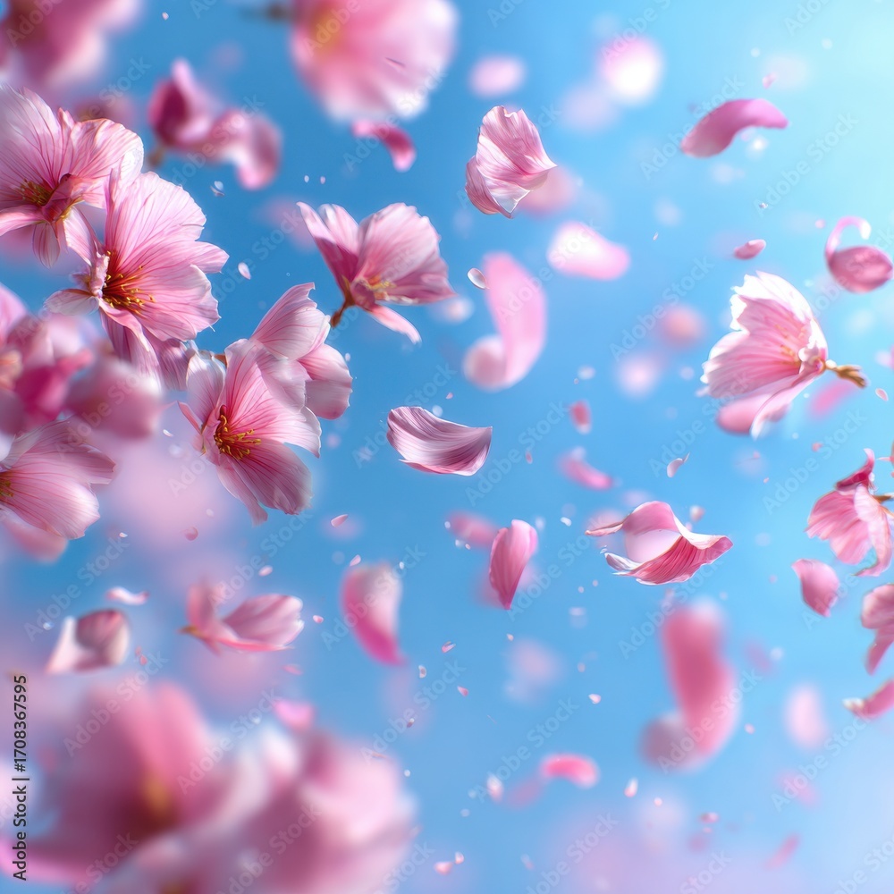 Spring soft background. Flying flower petals.