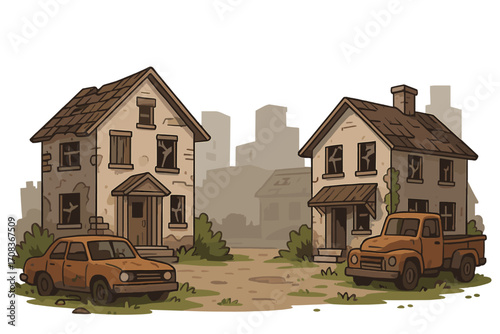 Post-apocalyptic scene with abandoned houses and rusty cars. Deserted ghost town street with ruined buildings and old vehicles. Urban decay and desolation concept vector.