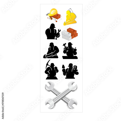 Construction workers and tools icons set for industry and labor.