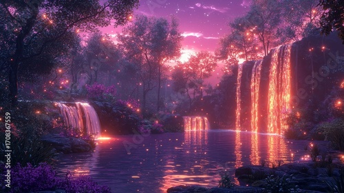 Magical sunset waterfall scene with fireflies.