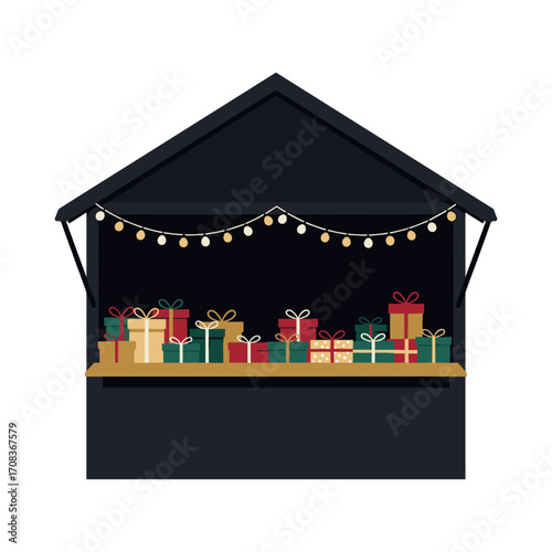 Festive holiday market downtown display of gifts and decorations nighttime vibrant atmosphere. Vector illustration