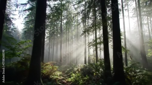 Sunbeams Filtering Through a Misty Evergreen Forest