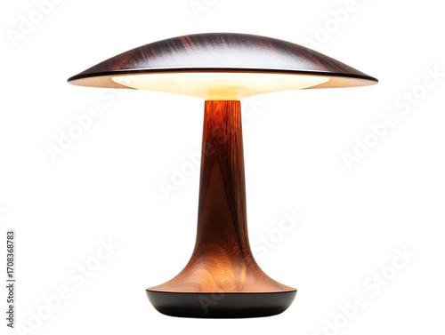 Modern mushroom shaped table lamp with warm light isolated on transparent background