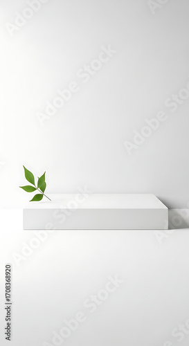 Minimalist White Podium with Green Leaf on Clean Studio Background
