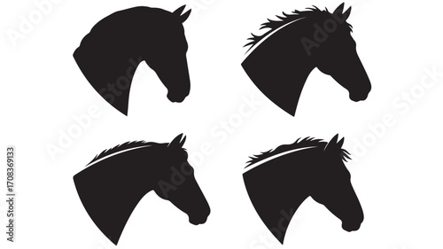 Vector art of four black silhouette horse heads with different manes and hairstyles