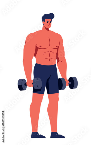 Strength training session man lifting dumbbells in a home gym fitness focus modern design motivational view. Vector illustration