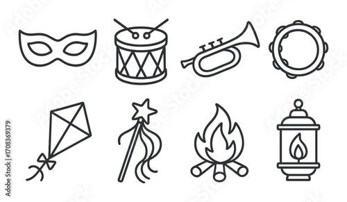 Collection of festival icons featuring masks, drums, and lanterns