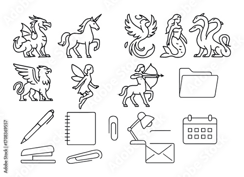 Outline illustrations of mythical creatures and office supplies on metallic background