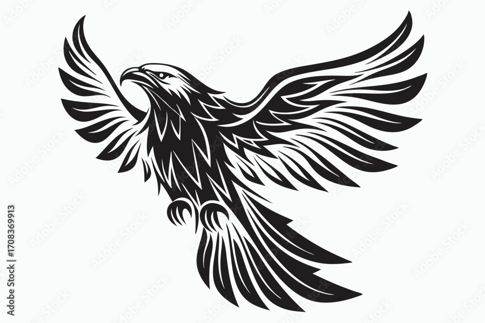 Obraz premium Majestic black eagle soars powerfully with wings spread on the white background