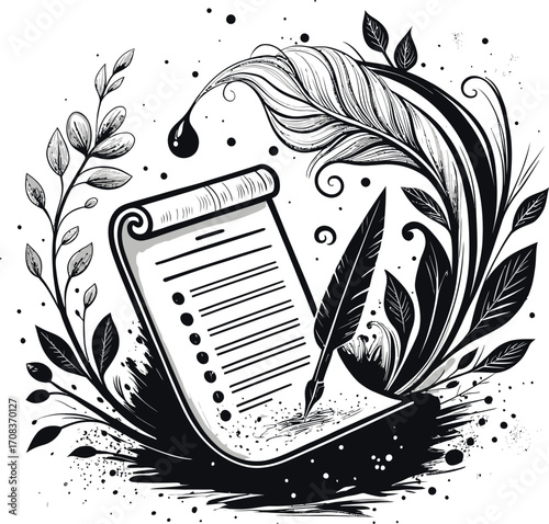 Vector illustration of vector art of feather quill writing on a scroll surrounded by leaves and ink splatters