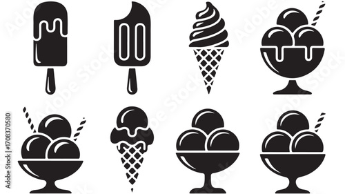 Vector art of collection of black ice cream icons including popsicles, cones, and cups
