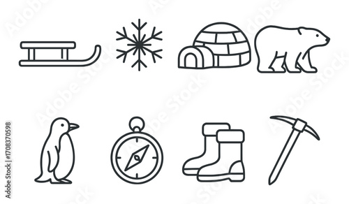 Winter icons: sled, snowflake, igloo, polar bear, penguin, compass, boots, pickaxe