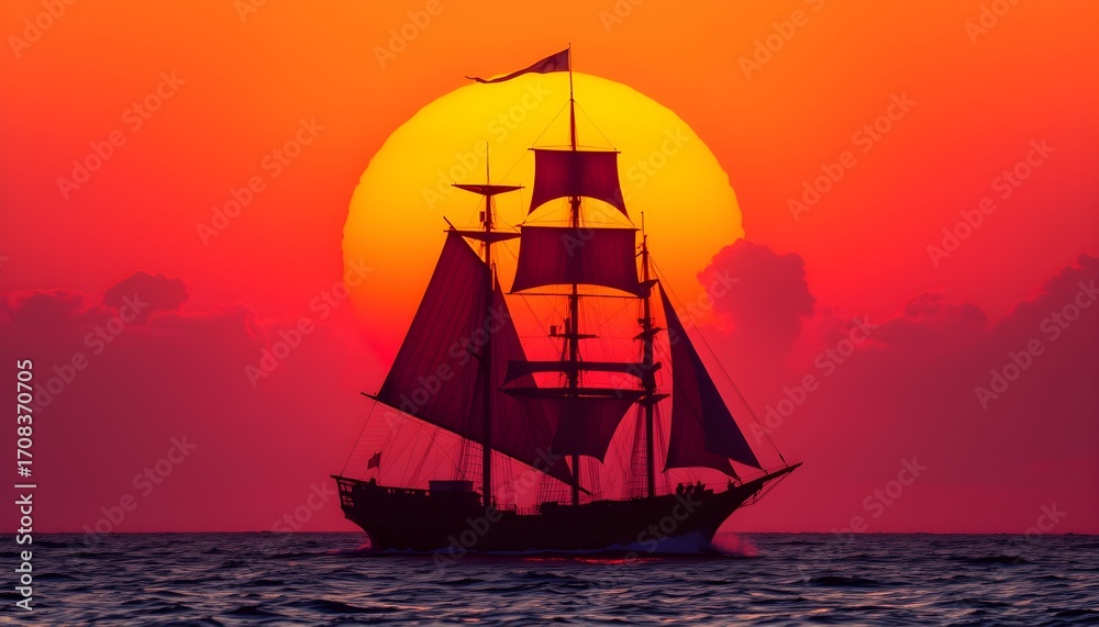 Fototapeta premium Silhouette of a tall sailing ship against a vibrant orange sunset over the ocean.