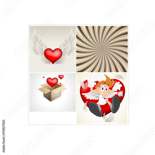 Four Valentines Day themed images with hearts and cartoon characters.