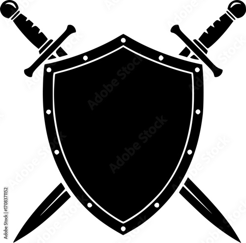 Shield cross swords emblem medieval knight heraldic silhouette vector illustration
