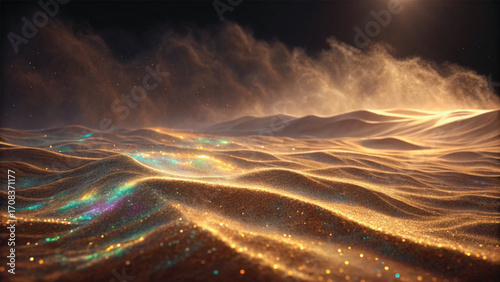 Desert Dunes With Rainbow Glittering Sand and Dark Sky