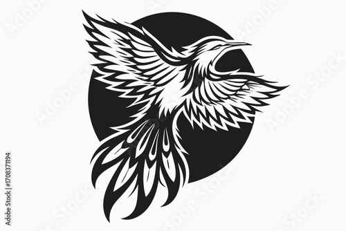 Majestic stylized bird soars with powerful wings before a dark circle backdrop