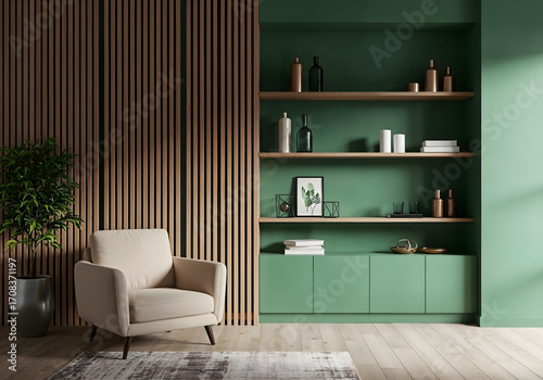 Modern armchair in green room with wooden shelves and plants.