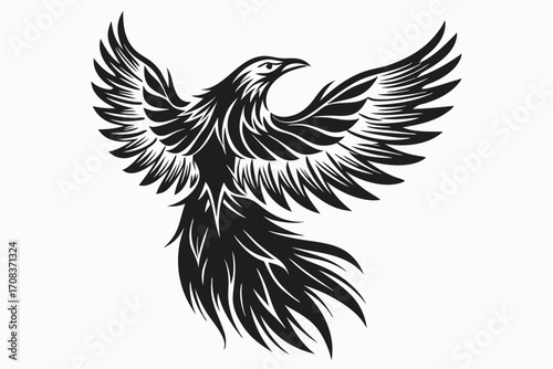 Stylized phoenix with spread wings is depicted in bold monochrome art