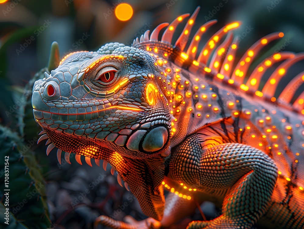 Fototapeta premium Neon iguana glowing with colorful patterned skin high resolution picture