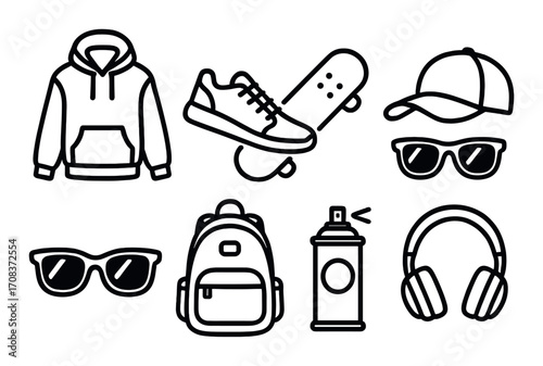 Trendy urban icons: hoodie, sneakers, skateboard, cap, sunglasses, backpack, spray paint, headphones