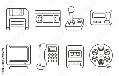 Retro technology icons: floppy disk, vhs, joystick, pager, crt, rotary phone, cassette, film reel