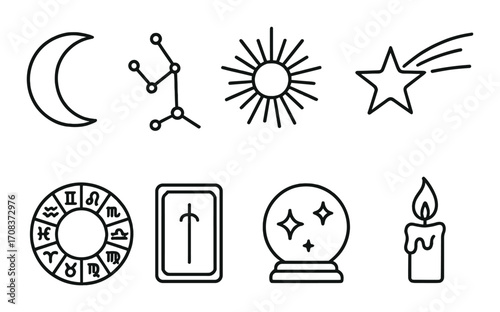 Mystical symbols: moon, constellation, sun, star, zodiac, tarot, crystal ball, candle