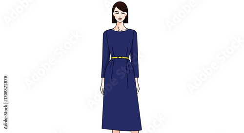 Stylish Woman in Blue Dress with Yellow Belt