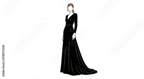 Woman in Elegant Black Gown with V-Neck and Long Sleeves