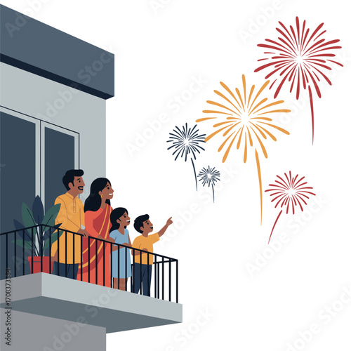 Family celebrates new year’s eve with fireworks from balcony urban setting illustration joyful atmosphere festive view. Vector illustration