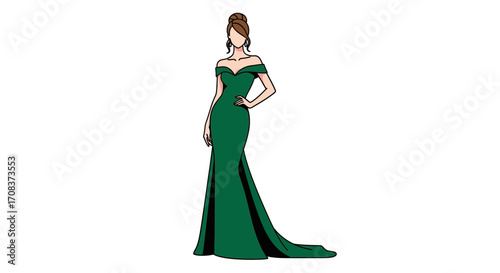 Elegant Emerald Green Off-the-Shoulder Evening Gown Illustration