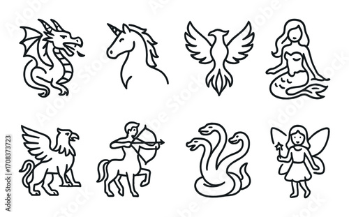 Fantasy creatures icons: dragon, unicorn, griffin, phoenix, mermaid, centaur, hydra, fairy