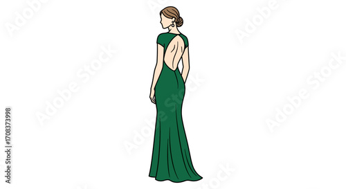 Elegant Woman in Green Backless Evening Gown