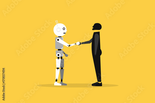 Businessman and Artificial Intelligence shaking hands. concept of Assistance or partnership, human cooperate with machine or robot