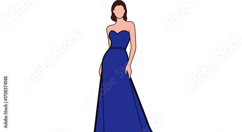 Woman in Elegant Blue Gown, Strapless Dress, Fashion Illustration