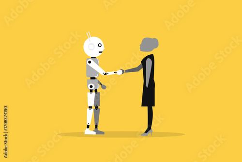 Business woman and Artificial Intelligence shaking hands. concept of Assistance or partnership, human cooperate with machine or robot