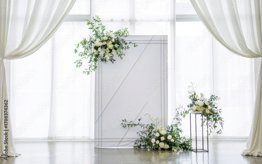 Fototapeta premium Elegant Geometric White Wedding Backdrop with Draped Curtains and White Floral Arrangements in a Sunlit Studio Setting