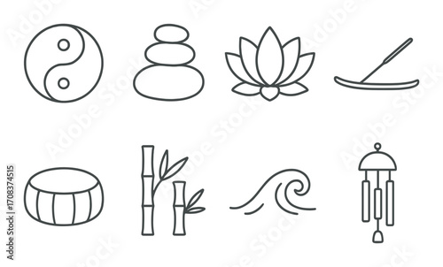 Zen meditation icons: yin yang, lotus, bamboo, wind chime, rake