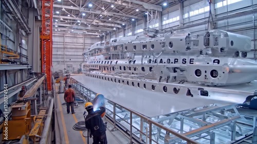 Innovative shipbuilding process showcasing precise construction and skilled labor, pushing