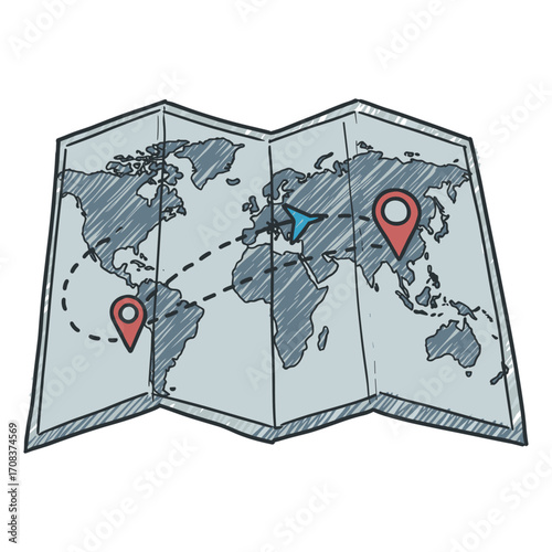 Exploring global destinations a travel map overview adventure travel illustration artistic bird's eye view. Vector illustration